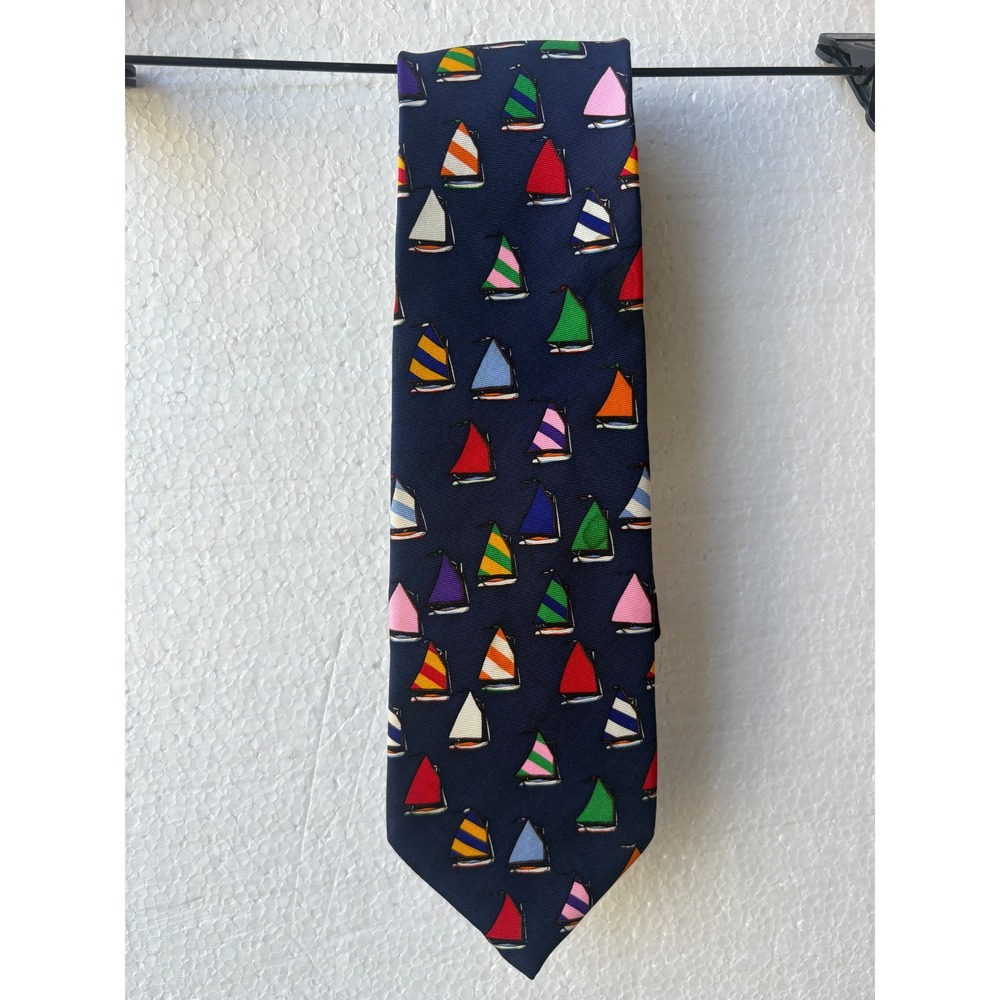 Alynn Tie Silk Nautical Rainbow Fleet Sailboat Eric Holch Navy Blue USA Made